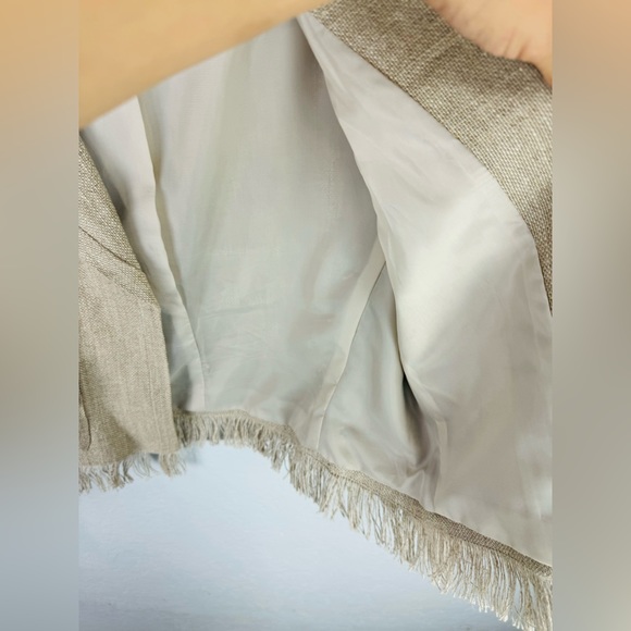 Harvey Bernard 100% Khaki Linen Two Piece Strapless Dress & Linen Fringe Jacket - Picture 6 of 12